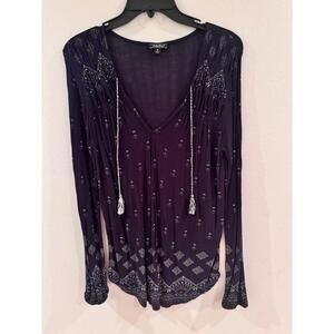 Lucky Brand Womens Bohemian Blouse V Neck Long Sleeves‎ Medium Witchy Gotchic